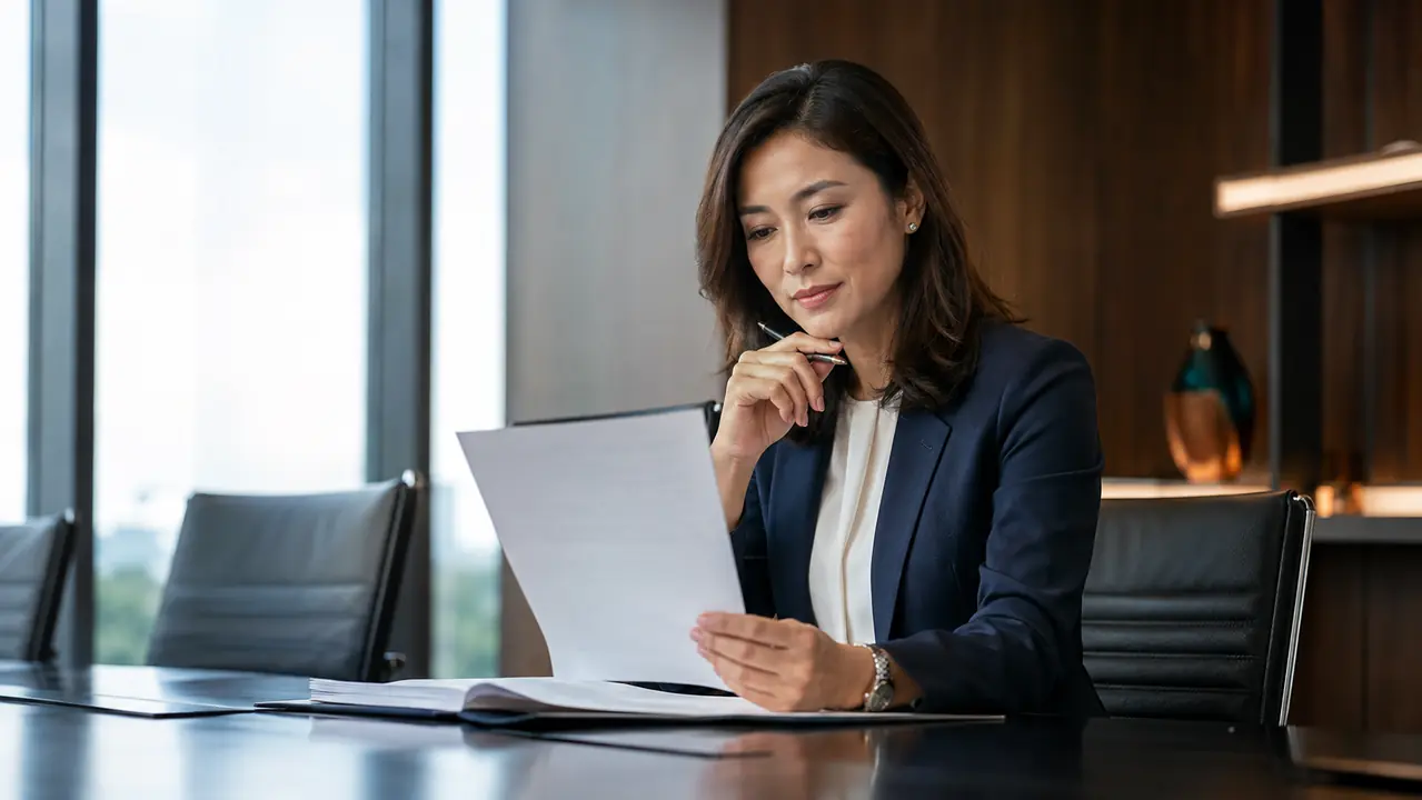 Ar reviewing corporate information in a boardroom